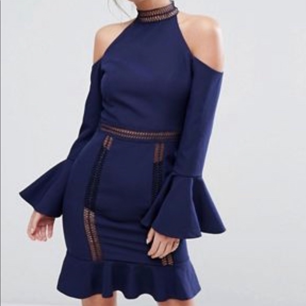Dark blue high neck cold shoulder dress with frill sleeves